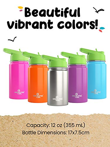 Kids Water Bottle - 350ml | Leak Proof With Straw & Handle | 12 Cold | Insulated, Double Wall Stainless Steel | Easy Sip Toddler Cup | Child's Flask | Eco Friendly